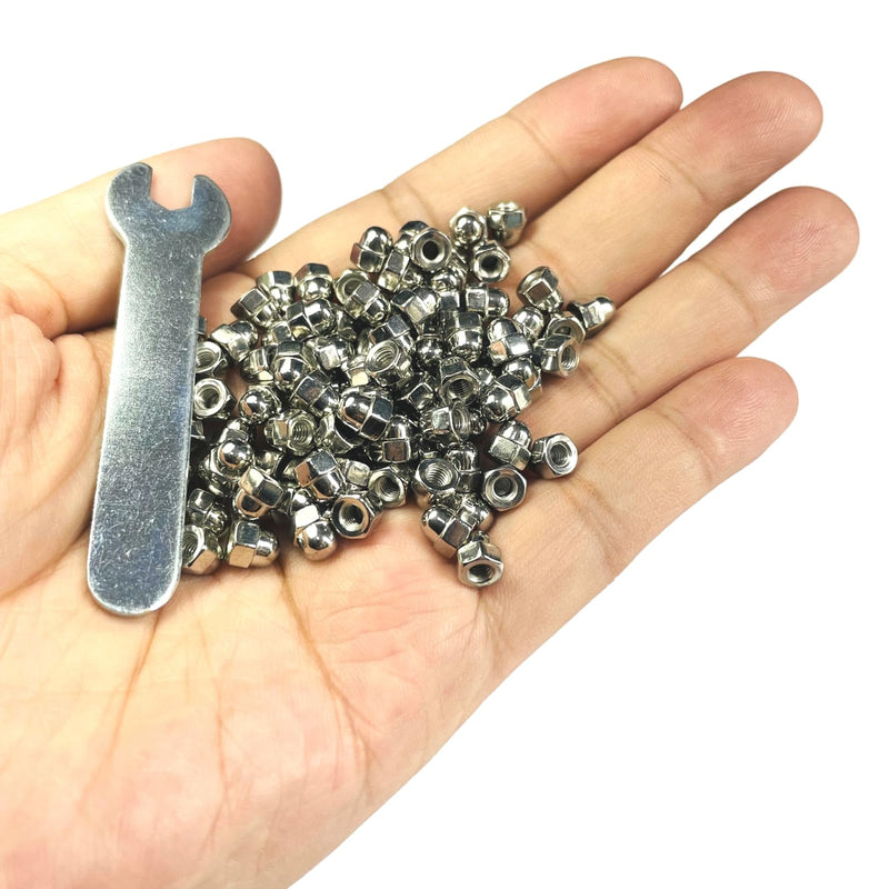 100pcs M3-0.5 Acorn Cap Nuts,M3-0.5 Cap Nuts,Acorn Hex Cap Dome Head Nuts,Dome Nuts,304 Stainless Steel Acorn Nuts,Hardware Nuts,18-8,Bright Finish with Open End Wrench