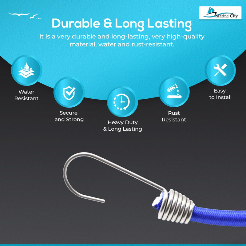 MARINE CITY Blue Bungee Cord with Stainless Steel Hook – 32 Inches, Durable, Weatherproof for Marines, Boats, Camping, Ships, Tie Downs Bungee Cord (Pack of 4)