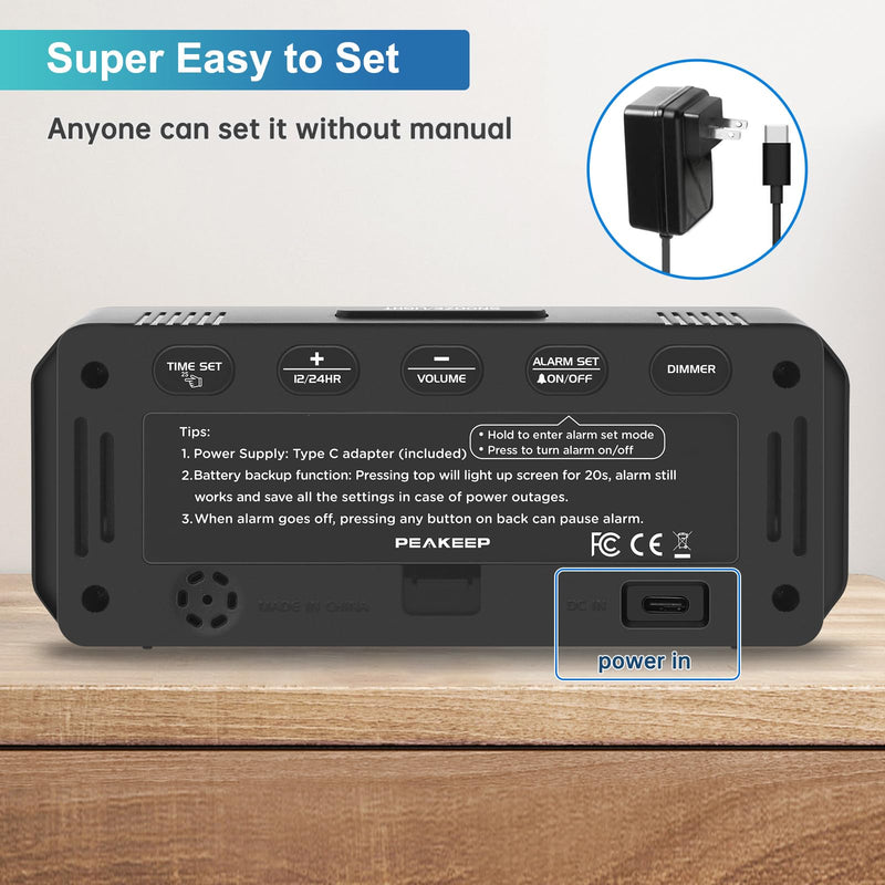 Peakeep Small Digital Alarm Clock Plug in for Bedrooms Bedside, Tiny Electric Clock Large Big Numbers Display with Battery Backup for Desk Table, 6 Dimmers, 5 Adjustable Alarm Volumes (Blue) Blue