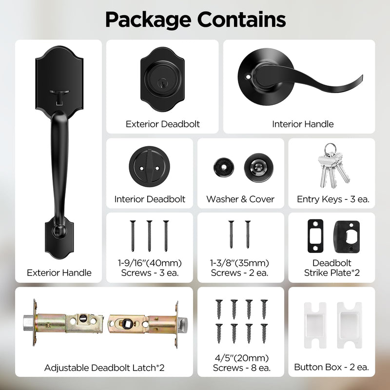 Black Front Door Handle and Deadbolt Set, Classic Lock With Matte Exterior Lever, Reversible Entry for Right & Left Handed Matte Black