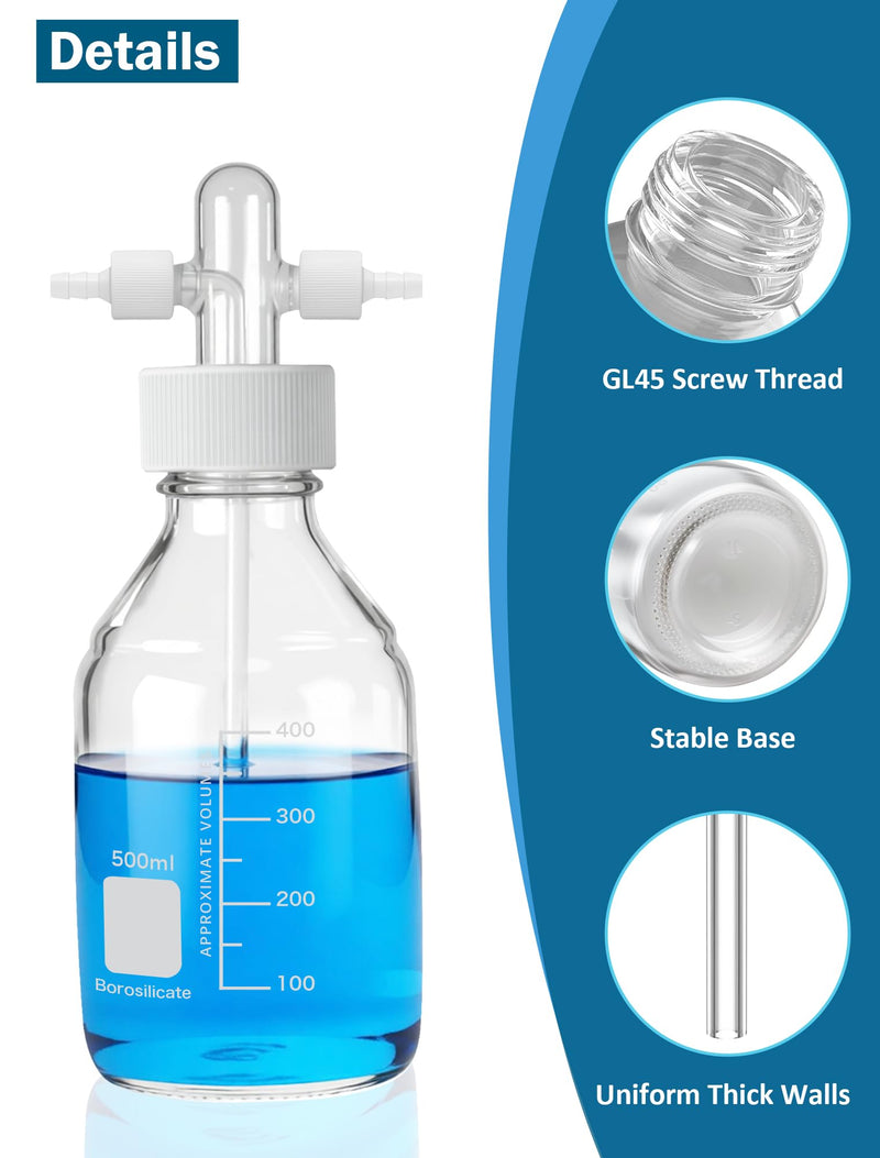 Lab Gas Washing Bottle with GL45 Screw Cap, Graduated Laboratory Buffer Bottles, Drechsel Head with Detachable Hose Connectors, 500ml, White PTFE Lid, Up to 250℃, Acid and Alkali Resistant PTFE-Caps