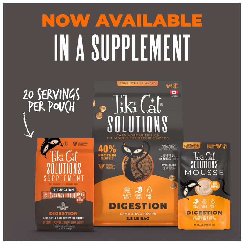 Tiki Cat Solutions Supplements Digestion Mousse, Chicken & Egg in Broth, Formulated to Support Healthy Digestion, Functional Cat Food Supplement, 5.6 oz. Pouch (Pack of 20)