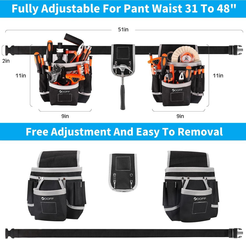 DOFF Men's Black Tool Belt - Heavy Duty Utility Belt with Removable 26 Pockets, Magnetic Tool Pouch, Tool Belt for Electricians and Carpenters, Multi-Purpose Tool Belts for Men and Women Medium