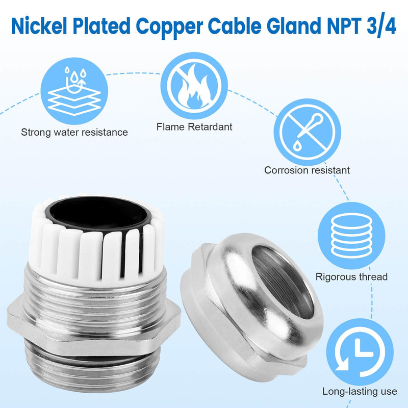 4 Pcs 3/4" NPT Nickel-Plated Copper Waterproof Cable Gland, IP68 Waterproof Adjustable Cable Glands, Strain Relief Cord Grip Connectors with Gaskets and Locknut for 13-18mm Cable Diameter