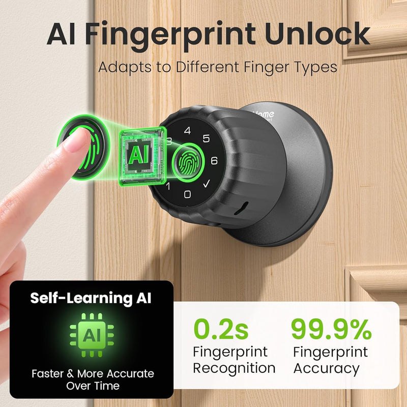 GHome Smart Fingerprint Door Lock, 4-in-1 Fingerprint Door Knob with Keypad, App Control, Keys, Removable & Rechargeable Battery, Door Locks for Bedroom, Home, Garage, Storage Room KD03 PRO