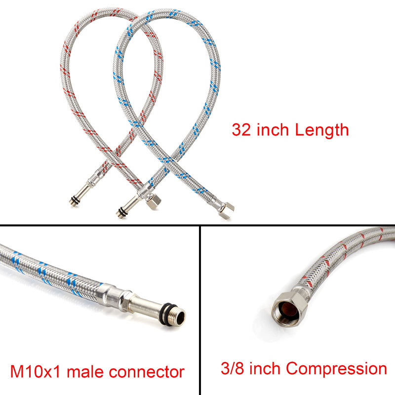 Midanya 32-Inch Long Faucet Connector, Braided Stainless Steel Supply Hose 3/8-Inch Female Compression Thread x M10 Male Connector, x 2 Pcs (1 Pair) 32 Inch