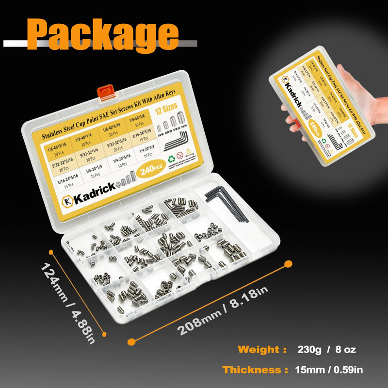 Kadrick 240Pcs SAE Set Screws, 1/8''-40 5/32''-32 3/16''-24 1/4''-20 12 Sizes 304 Stainless Steel Grub Screws