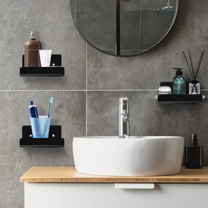 3 Pack Acrylic Small Floating Shelf for Wall Storage,4'' Mini Adhesive Shelf for Living Room,Bathroom,Bedroom,(Adhesive&Drilling) Black
