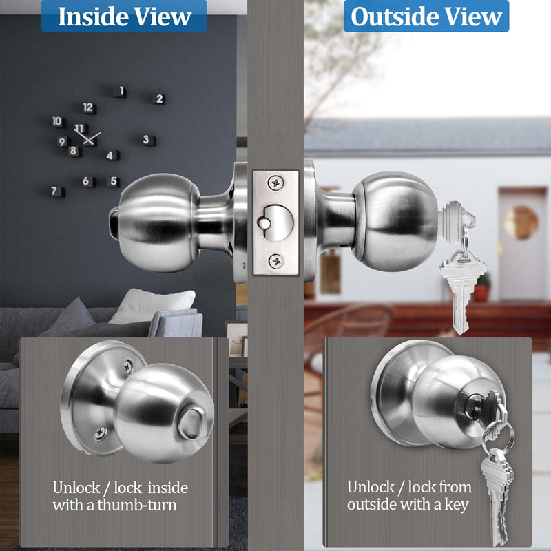 5" Backset Latch Keyed Entry Door Knob with Lock and Key, Standard Square Interface Entrance Ball Doors Knobset Lockset, Satin Nickel