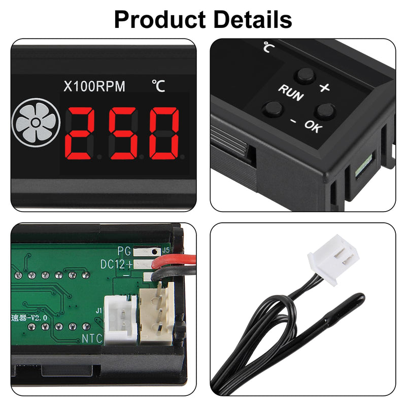 2pcs 4-Wire PWM Fan Temperature Controller (12V 3A) Fan Speed Controller with 1 Black Terminal Wire, Digital Display ℃ Temperature Controlled Governor, Dual-Display Fan Governor