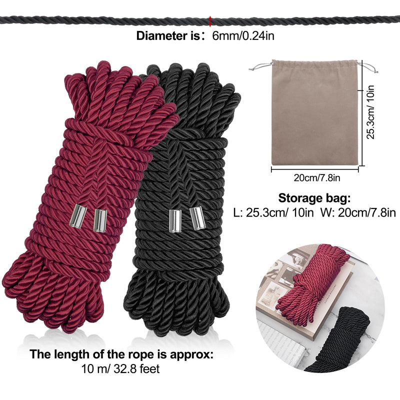 2-Pack Soft Silk Rope with Storage Bag, Twisted Trim Cord 32 Feet/7MM Rope Nylon Twisted Cord Trim Thread String Ropes Satin Shiny Cord (Wine red+Black) Wine Red+black 10m