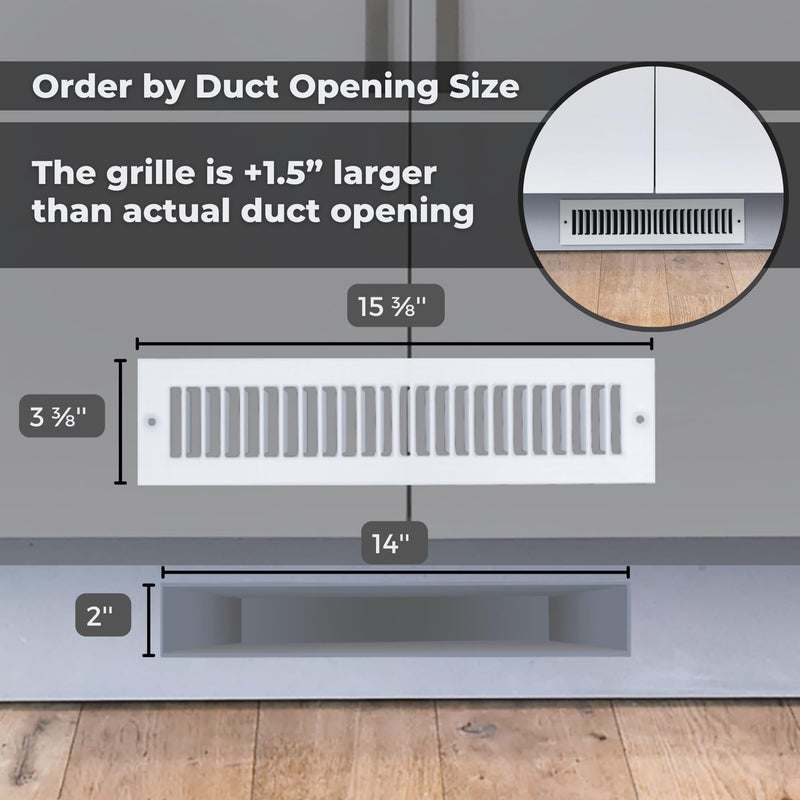 Fits 2x14 Duct Opening | Toe Kick Vent Cover by Handua | Cabinet Toe Kick Space Register Grille | HVAC Toe Space Vent Cover | Outer Dimensions: 3 3/8" X 15 3/8" | Off White 2" X 14" Duct Size Off-White