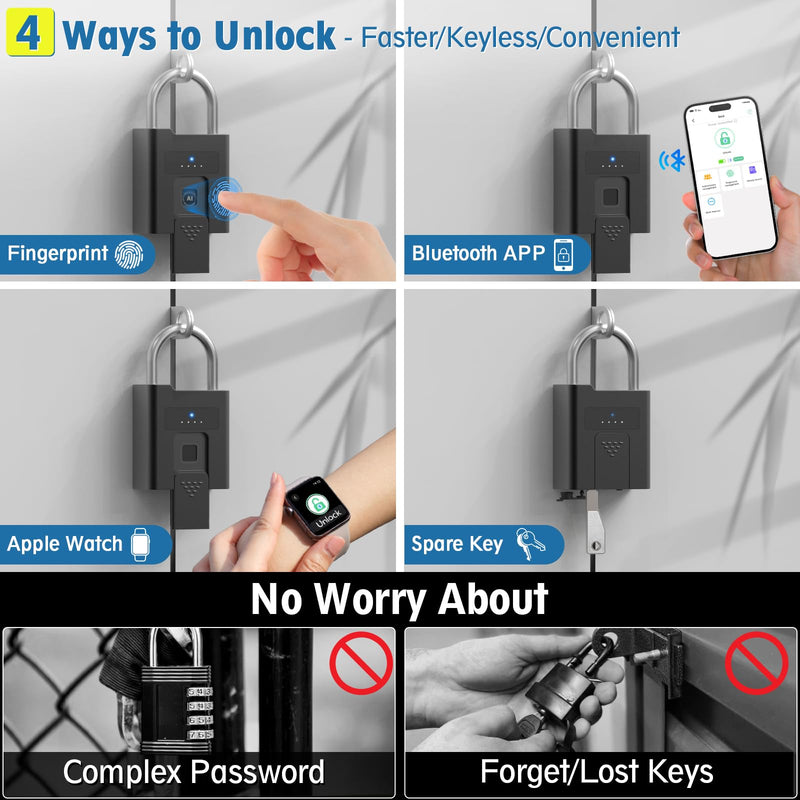 Fingerprint Padlock,Heavy Duty Smart Padlock with Key, Waterproof Bluetooth App Control,Outdoor Gate Lock for Fence, Shed, Storage, Gym Locker