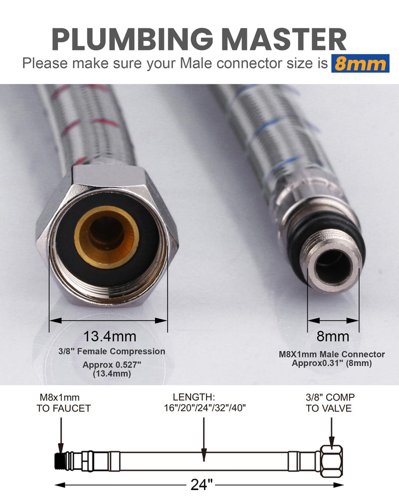 Faucet Supply Lines, WOWOW 24" Bathroom Sink Faucet Hose, Braided Nylon cUPC Supply Lines 3/8" Female Compression Thread × M8 Male Connector,Stainless Steel Braided Supply Line(1 Pair) 24Inch