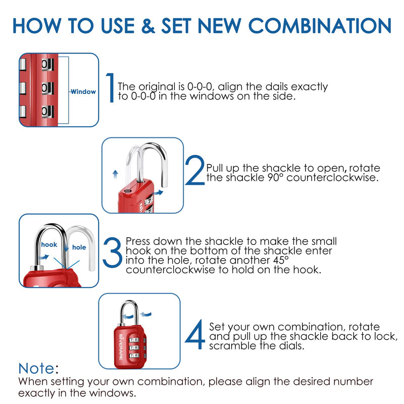 GIVERARE 2 Pack Combination Lock, 3-Digit Padlock Keyless, Resettable Luggage Locks for Backpack, Gym & School&Employee Locker,Weatherproof Travel Lock for Fence, Backyard Gate, Hasp, Case-Blue+Red