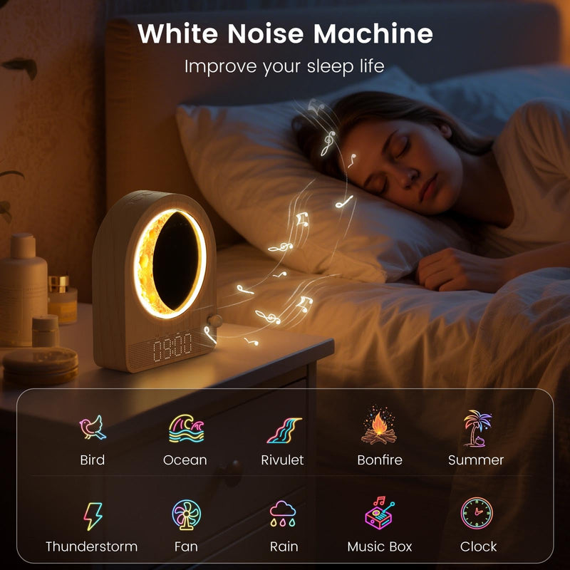 Sunrise Alarm Clock, White Noise Machine & Meteor Moonlight - 10 Soothing Sounds, Dual Alarms, 30/60/90min Timer, Easy Snooze - Bedroom Gift for Insomnia Adults/Women - Wood Grain