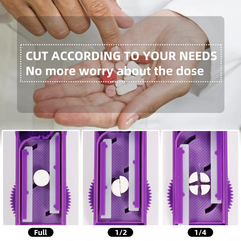 Pill Cutter Splitter for Small and Tiny Pills, Adjustable Pill Cutters for Small Tablets, Accurately Cuts Multiple Pills at Once (Sharp Blade with Safety Guard,Non-Slip Silicone Edge) Purple