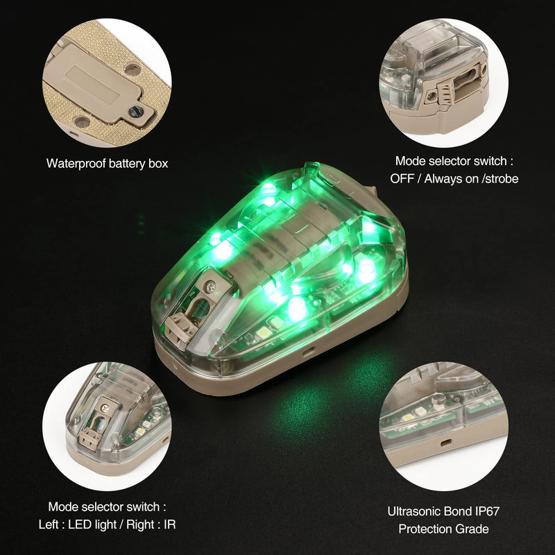 NOBUHIRO Tactical Helmet Light Military Identification Light, Optional 4 Modes Visible LED + IR Constant-on/Strobe Waterproof Ladybird Lamp Survival Signal Light for Outdoor Sports WD03001-DE-GREEN
