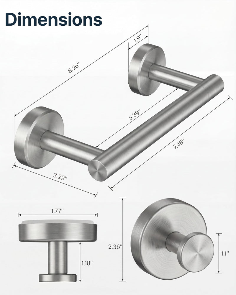 RARXTR 3PCS Bathroom Hardware Set, Brushed Nickel Wall Mounted Toilet Paper Holder, 2 Suction Cup Towel Hooks, Bathroom Accessories SUS 304 Stainless Steel, Rust-Proof, Modern