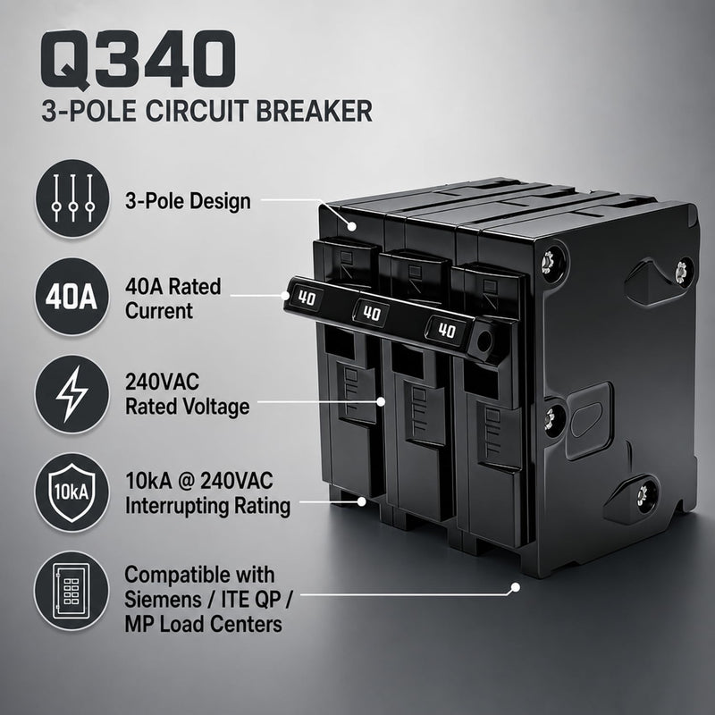 Q340 Circuit Breaker 3 Pole 40-Amp, 120/240v, Fit for Siemens Type EQ, EQL, SEQ, EQG, PL and ES Series loadcentres.Plug-in Standard Circuit Breaker,Thermal Magnetic Protection