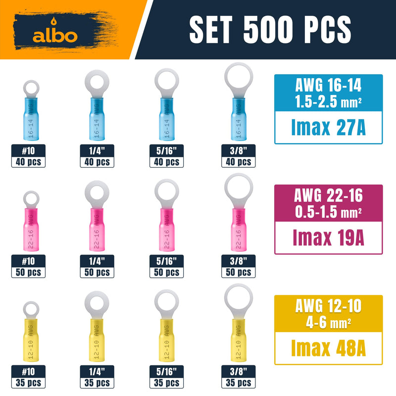 ALBO 500PCS Heat Shrink Ring Terminal Kit – Wire Terminal Connectors Assortment for 22-10 AWG, Waterproof Electrical Connectors Set – Tinned Copper Electrical Ring Terminals Set AWG 22-10 500 pcs