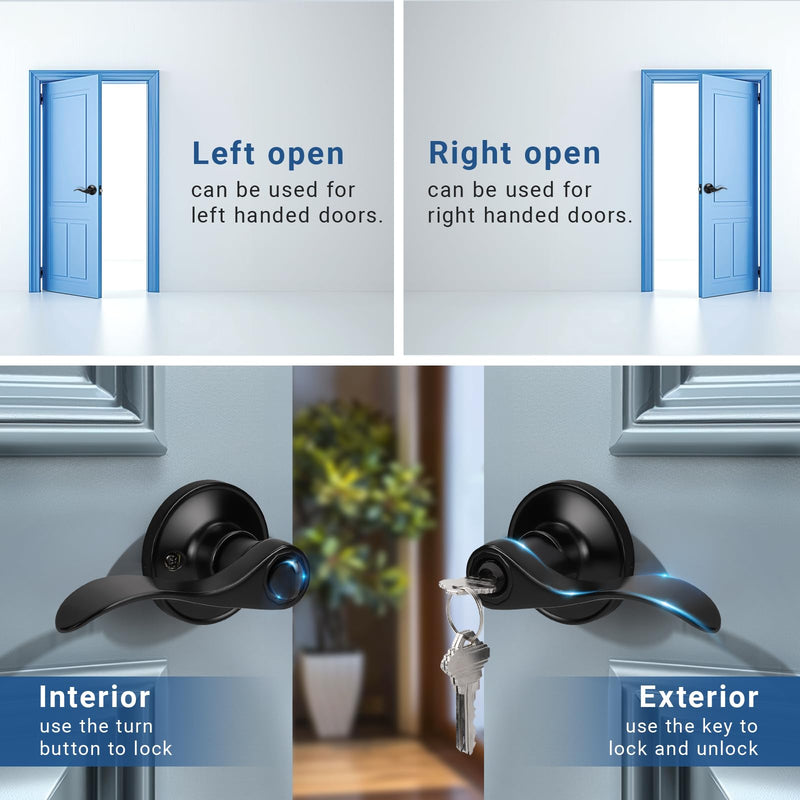 Knobonly 2 Pack Keyed Bathroom/Bedroom Door Lock, Matte Black Front Door Handle, Exterior Door Handle, Different Key for Each Pack, Zinc Alloy Entry