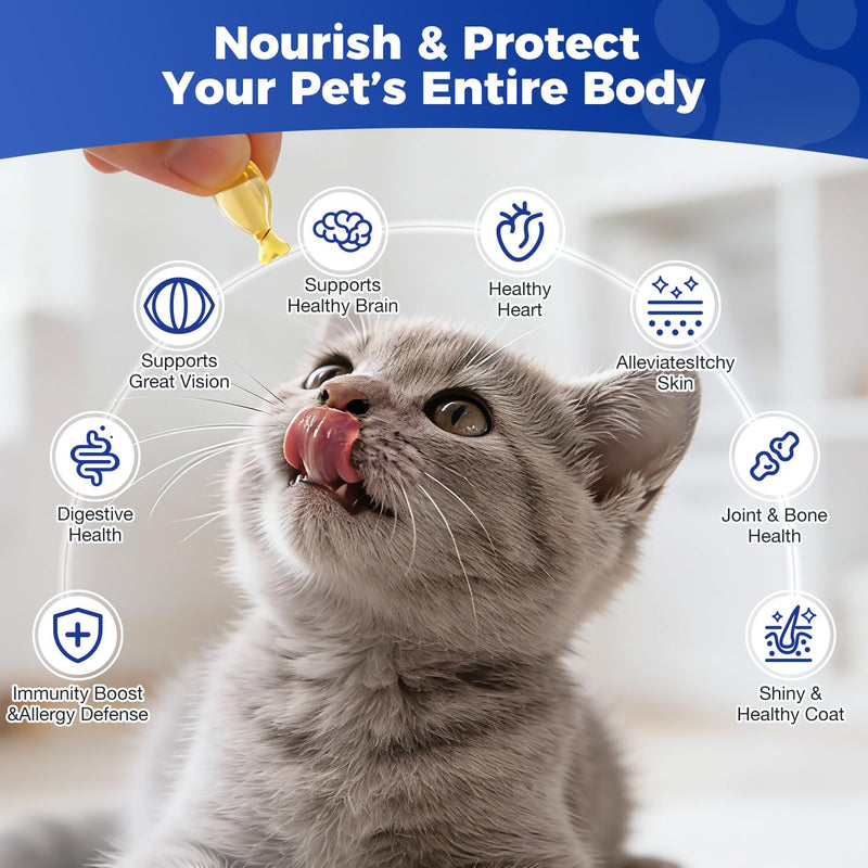 High DHA Omega 3 Fish Oil for Cats(60 Ct), Wild Salmon Oil, Brain, Vision & Immune Support, Easy-to-Twist-Off Softgel, Salmon Flavor for Healthy Skin & Coat
