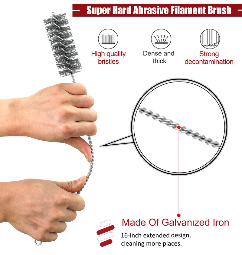 16 Inch Extra Long Pipe Cleaning Brush Set Abrasive Filament, 8 Piece Variety Pack for Removal of Rust, Corrosion, Paint, Etc. Nylon
