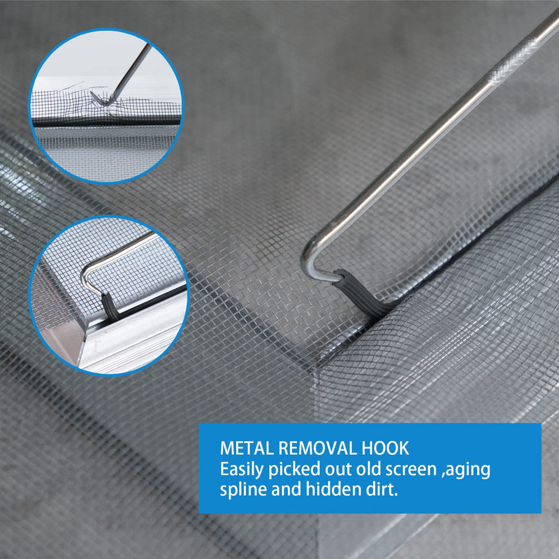 Screen Repair Kit - Screen Roller Tool with Bearing, Screen Retainer Spline(32ft) and Spline Removal Hook for Installing & Replacing Window Patio Sliding Door 3in1 Screen Tool Kit