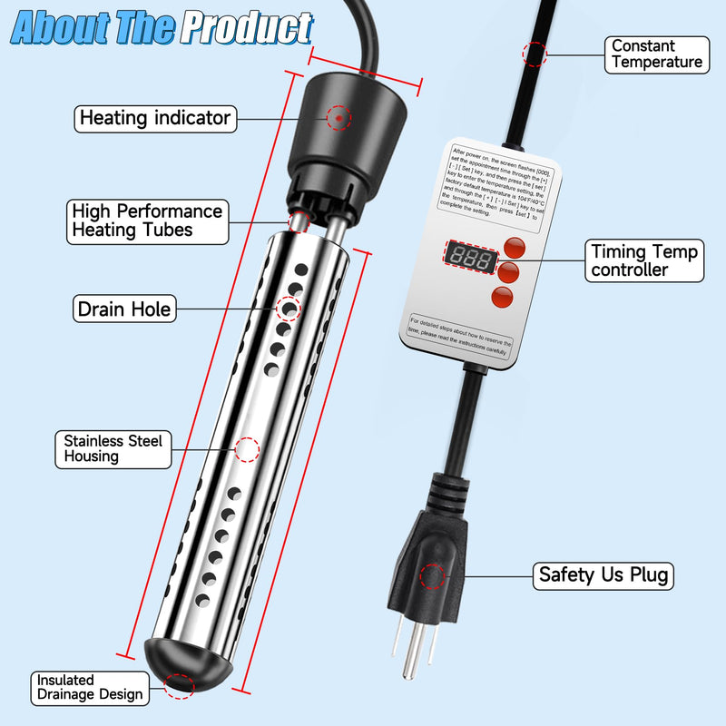 Immersion Water Heater, 2000W Portable Electric 304 Stainless Heaters with Guard Cover - LCD Thermometer for Above Ground Inflatable Pool Tub Buckets Motorhome Camping Outdoor