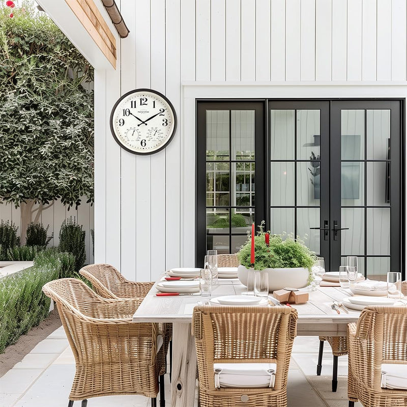 Presentime & Co 16" Farmhouse in/Outdoor Clock, Wall Clock & Weather Station, Weather Thermometer, Wall Décor and Timepiece for Farmhouse Decoration, Oil Rubbed Bronze Finish
