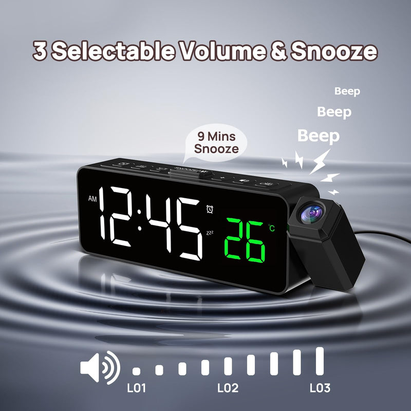 Netzu Projection Alarm Clock for Bedroom Ceiling, Small Compact Plug-in Digital Clocks with 180° Rotatable Projector, Temperature 4 Levels Birghtness, 3 Volumes and Snooze (Black) Black