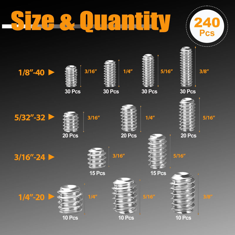 Kadrick 240Pcs SAE Set Screws, 1/8''-40 5/32''-32 3/16''-24 1/4''-20 12 Sizes 304 Stainless Steel Grub Screws