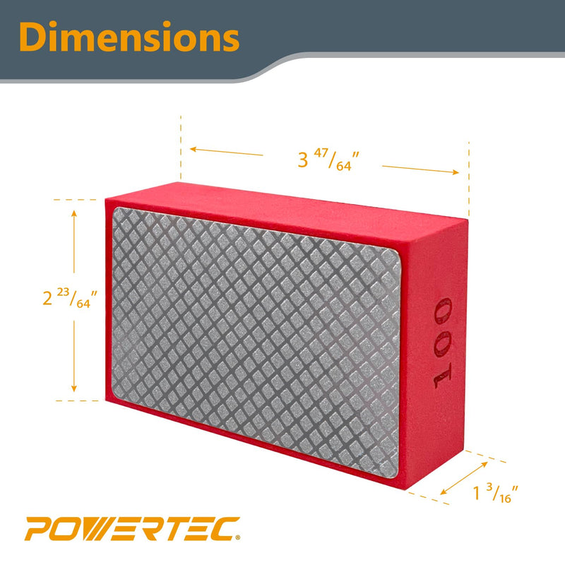 POWERTEC Diamond Hand Polishing Pads 100 Grits 2Pack, Diamond Sanding Block for Polishing and Grinding Porcelain, Ceramic Tile, Glass, Granite, Stone, Wood & Metal (71905-P2) 100 Grit 2 Pack