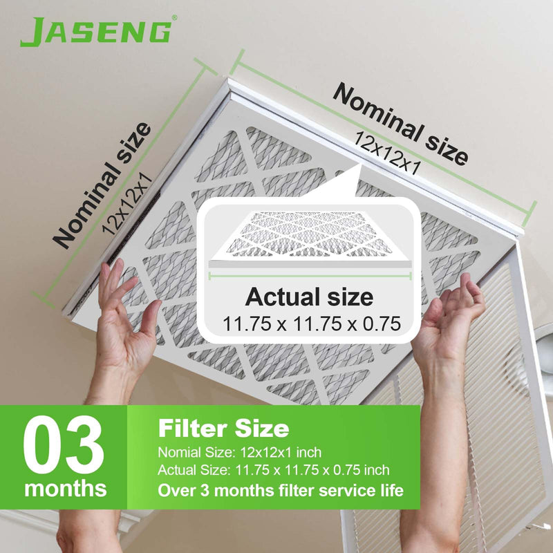 12x12x1 AC Furnace Air Filters,(4-Pack) MERV 8 Dust Defense, JASENG MPR 600 Pleated HVAC Replacement Air Filter (exact dimensions: 11 3/4"x11 3/4"x3/4") 4Pack-12x12x1
