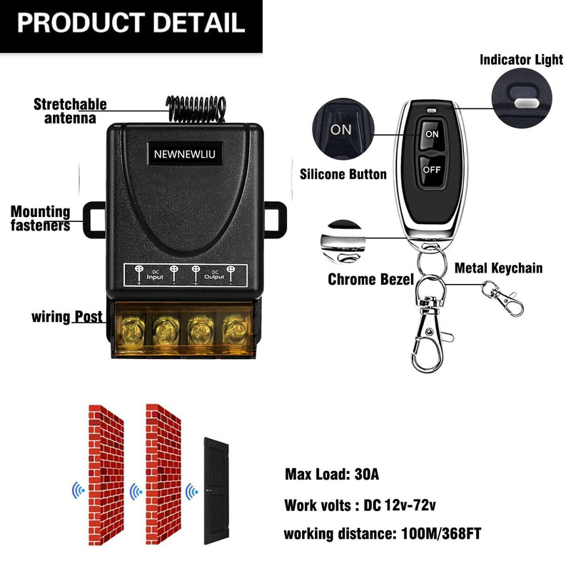 12 Volt Remote Switch Wireless,DC12V/24V/48V/72V/30A Relay,Remote Control Switch,RF Remote Control with 328FT Long Range for All Kinds DC Motors,Fans lamp, Roller Lind Door. 12V-72V remote switch