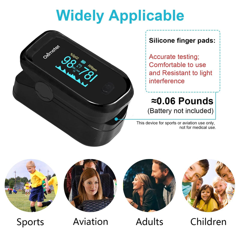 TYNDALL Pulse Oximeter Fingertip, 4 Data Pulse Oximeter with Respiration, Respiratory Rate Monitor, Oximetry for Sports Aviation Use Only (Black)