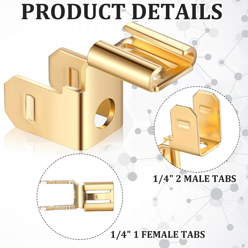 25 Pcs Piggyback Spade Connectors Chair Terminal Quick Disconnect Electrical 3 Way Adapter, 1/4" 2 Male and 1 Female Tabs, Non Insulated Brass 90 Degree Electrical Crimp Terminals Connectors 25