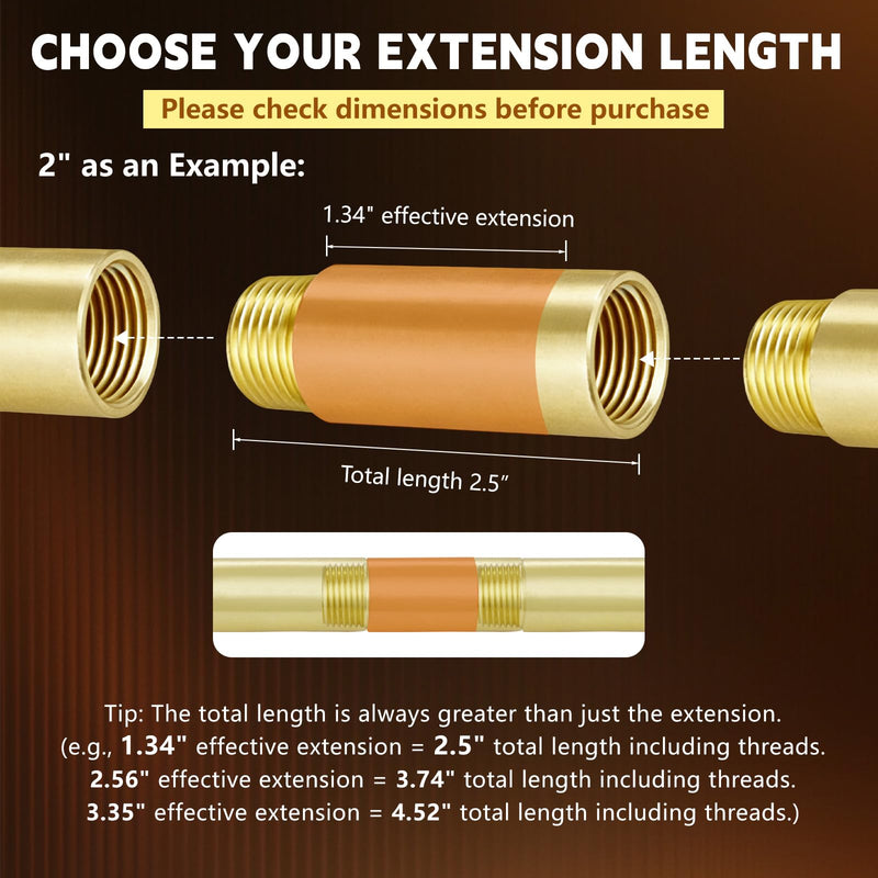 2", 3", 4" Length Brass Pipe Extender, 1/2" NPT Pipe Fittings Long Nipple Yellow 2",3",4" (6 PCS)