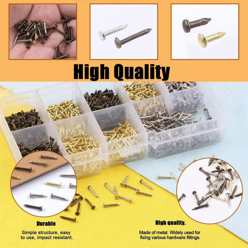 Tanstic 1600Pcs Small Tiny Nails Kit, 6mm, 8mm, 10mm Tiny Wooden Nails for Wooden DIY Decorative Pictures Mini Boxes Household Accessories (Gold/Bronze/Silver)
