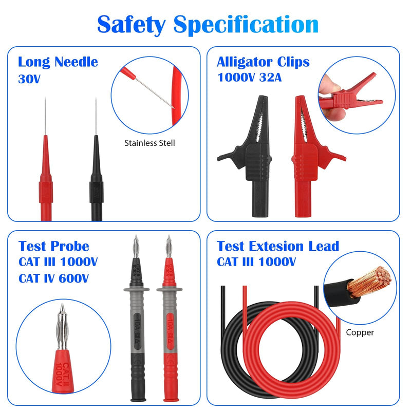 SUNJOYCO 8PCS Double Insulated Multimeter Leads, Electrical Test Leads Kit with Alligator Clips, Back Probe Pins, Test Probe Pens, 4mm Banana Plug Multimeter Probes for Digital Electrical Testing