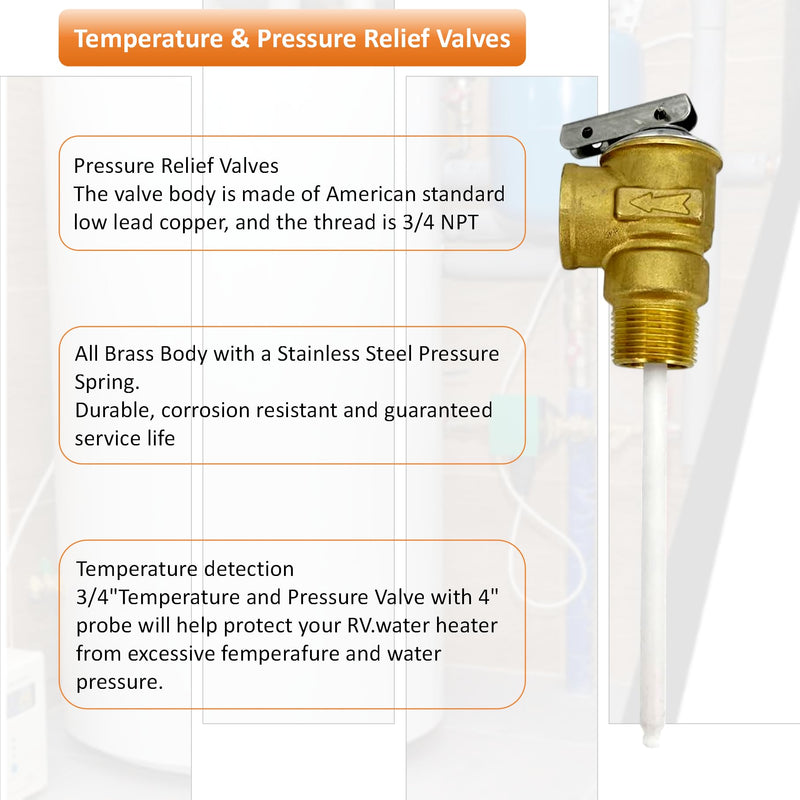 Long Term Temperature and Pressure Relief Valve Automatic with Extension Probe and Lever,3/4"NPT Pressure Relief Valve,All brass body.