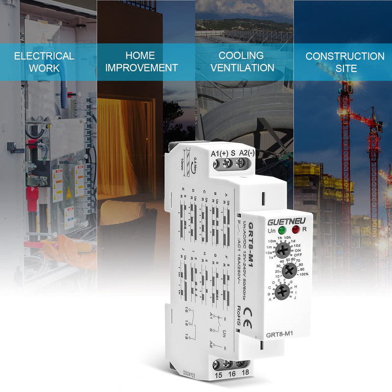 Relay 12V, Timer Relay Delay Off Trigger, Off Delay Timer with 10 Function Choices, Wide Voltage Multifunctional Relays for Electric Appliances, XS-SJ-M1-AC/DC12V~240V, 35mm DIN Rail Mounting XS-SJ-M1-AC/DC