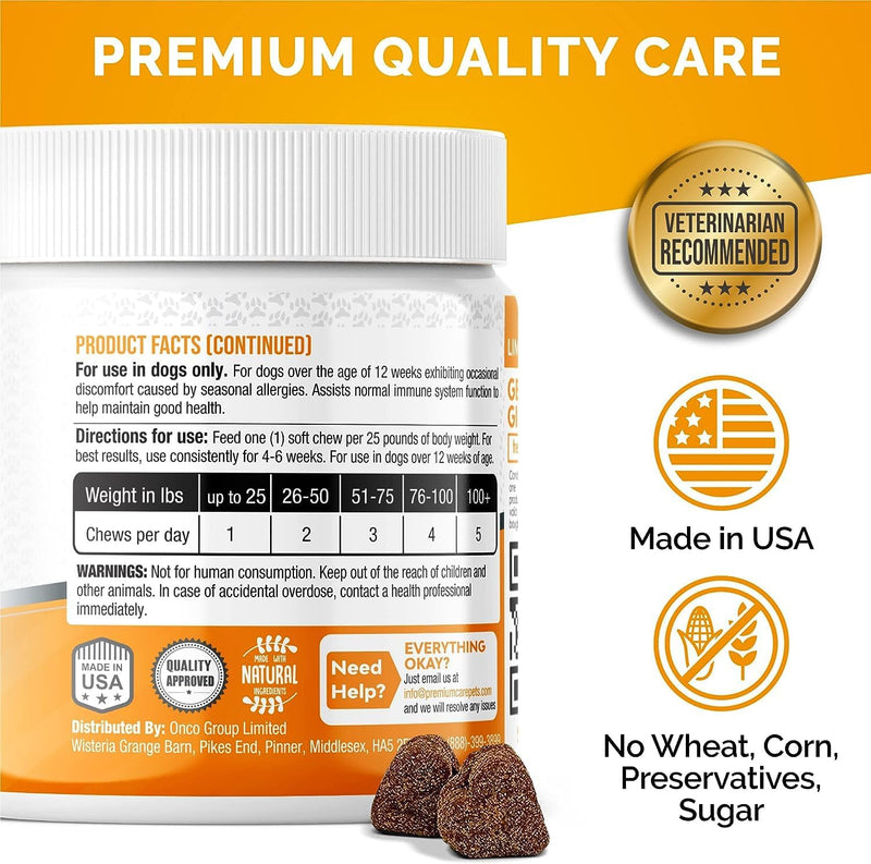 Allergy Relief Immune Supplement For Dogs - Made In USA - Vet Approved - Treats Allergies, Skin Itch, And Hot Spots - Provides Itch Relief, Promotes Skin & Coat, & Improves Digestion - 120 Chew Treats - PawsPlanet Australia