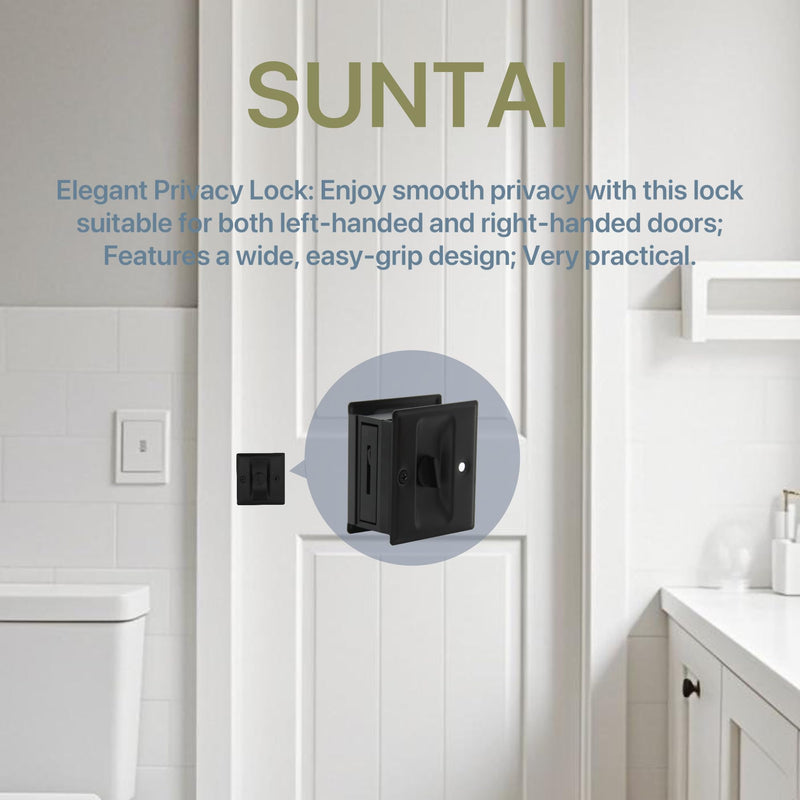SUNTAI Privacy Sliding Door Lock with Pull, Solid Brass Pocket Door Privacy Lock, 2-3/4”x2-1/2”, for 1-3/8” Thickness Door, Matte Black, 4 Pack