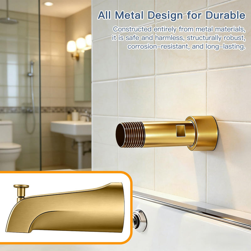 Bathtub Spout with Diverter, All Metal,5.3 Inch Tub Spout, Fits 1/2" Copper Slip-On and 1/2" or 3/4" IPS Threaded Pipes, Leak-Free, Slip Fit Tub Spout with Pull-Up Diverter，Brushed Gold Brushed Gold