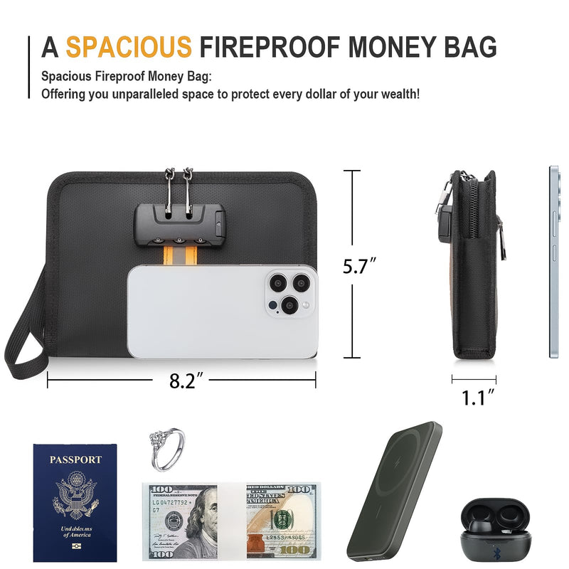 Fireproof Money Bag,Money Bag with Lock and Zipper,Safe Fireproof Waterproof,Suitable for Cash, Mobile Phones, Keys, Credit Cards Black 8*1.1*5 inches