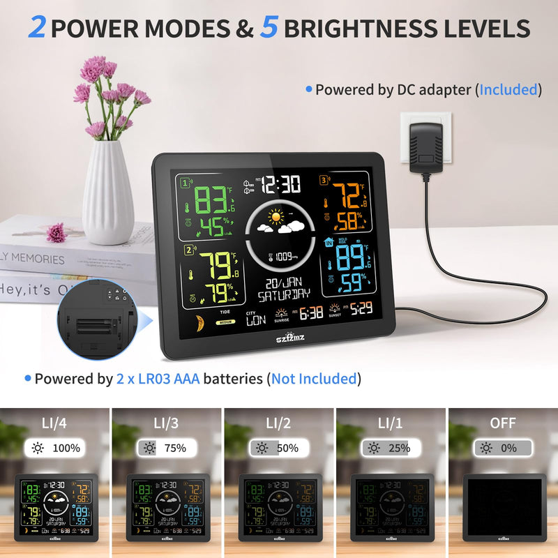 Weather Stations Wireless Indoor Outdoor Thermometer with Multiple Sensors, 7.5" VA Display Weather Forecast Station with Atomic Clock, Temperature, Humidity and Adjustable Backlight for Home Black-Basic Weather Station