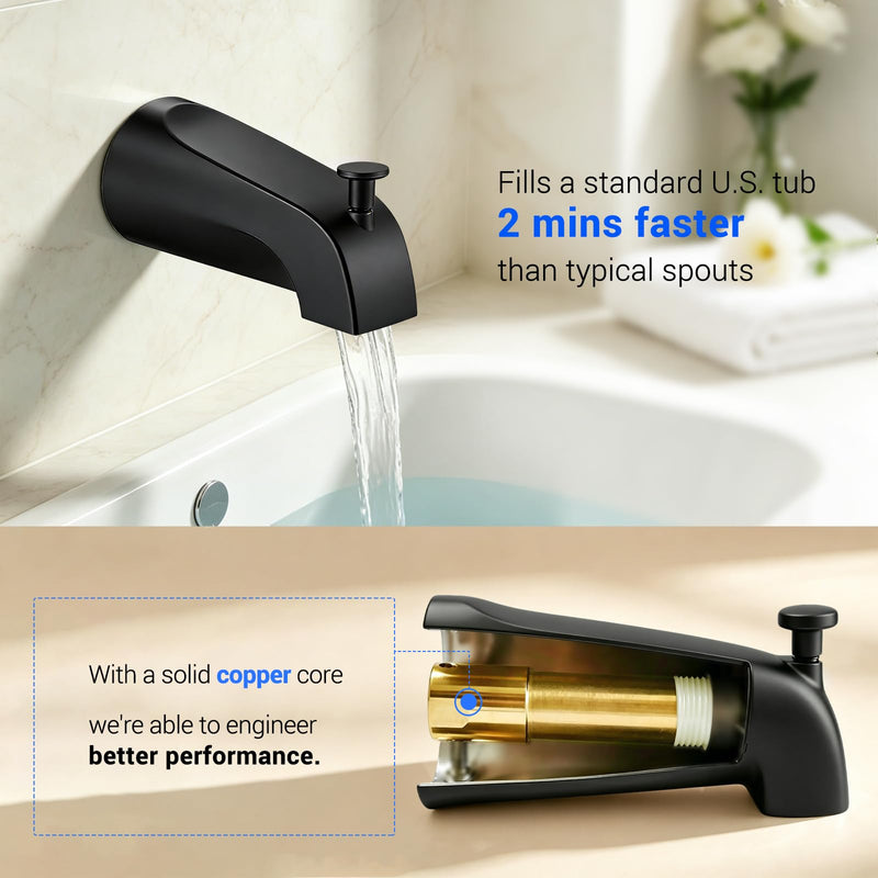 Tub Spout with Diverter, Heavy Duty All Metal Bathtub Faucet with Brass,Shower Slip-on Bathtub Faucet for 1/2 Inch Copper Pipe,5-3/8 Inch Bath Tub Faucet Replacement,Matte Black Matte Black