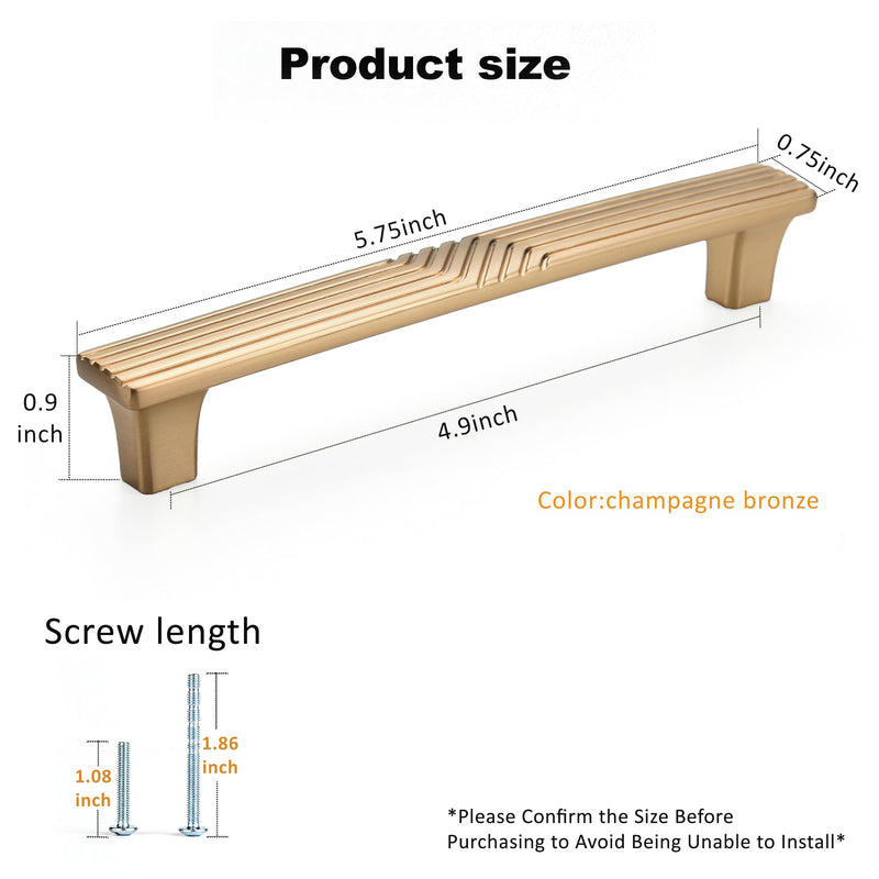 Satanga Knobs Handles Pulls for Cabinets Kitchen Cupboard Wardrobe Vanity Cabinet Champagne Bronze Drawer Pull Handle Easy Installation Pack of 4 5 Inch Zinc Modern 5" Hole Center 5.82" Overall Length